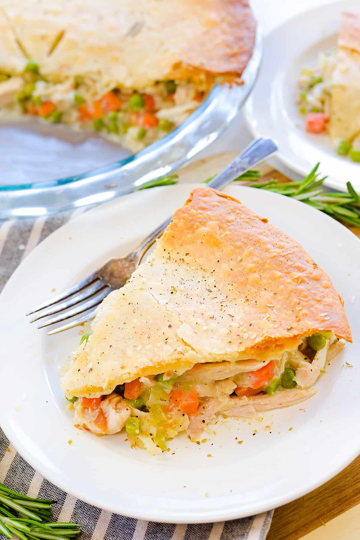 Slice of turkey pot pie on white plate.