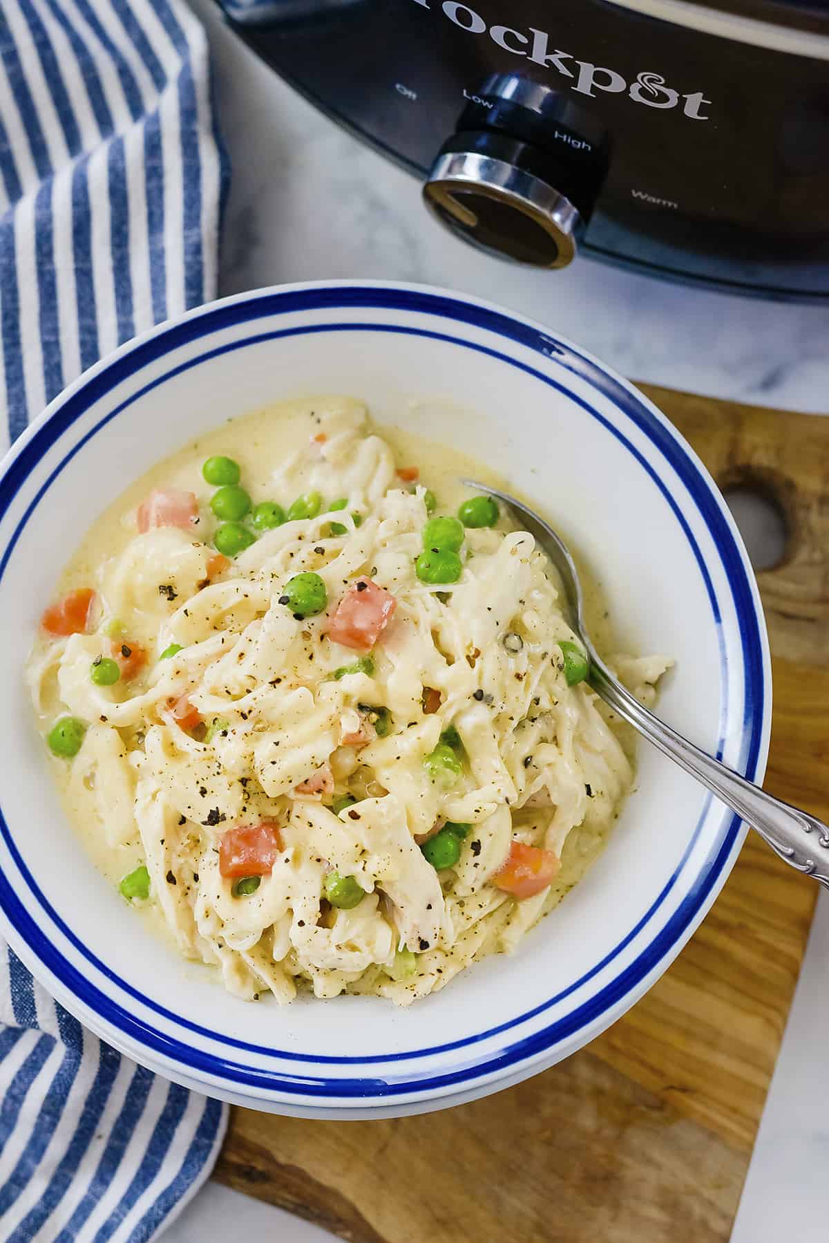 Bowl of chicken and noodles.