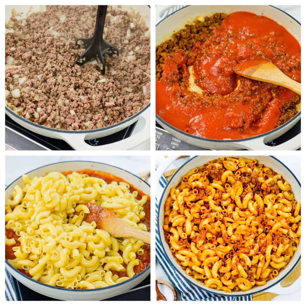 Collage showing how to make beefaroni.