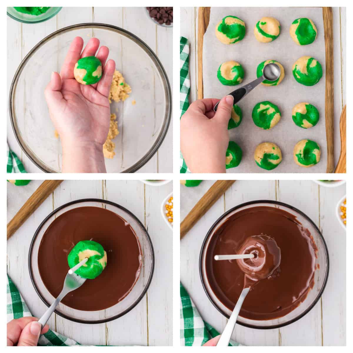 Collage showing how to make St. Patrick's Day cookie pops.