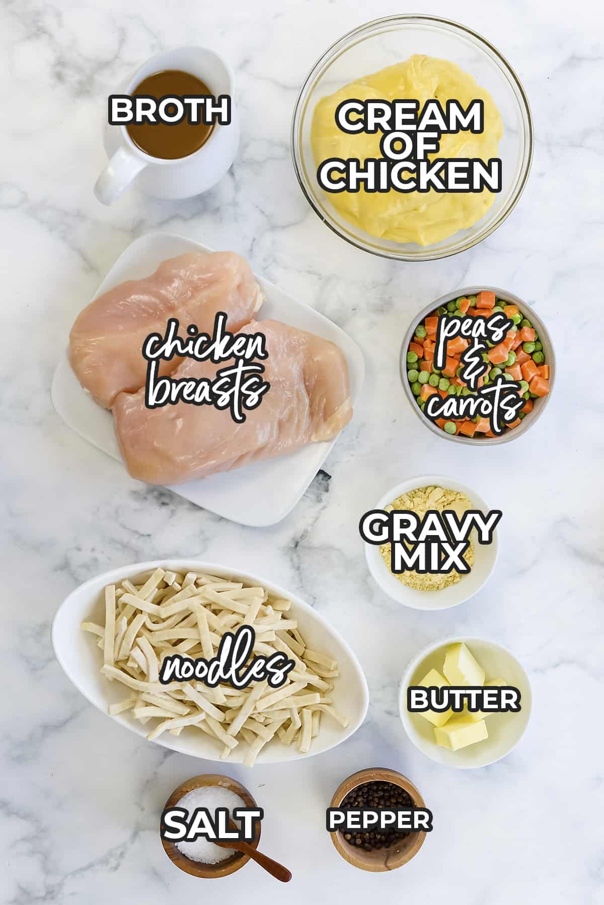 Ingredients for creamy chicken and noodles.