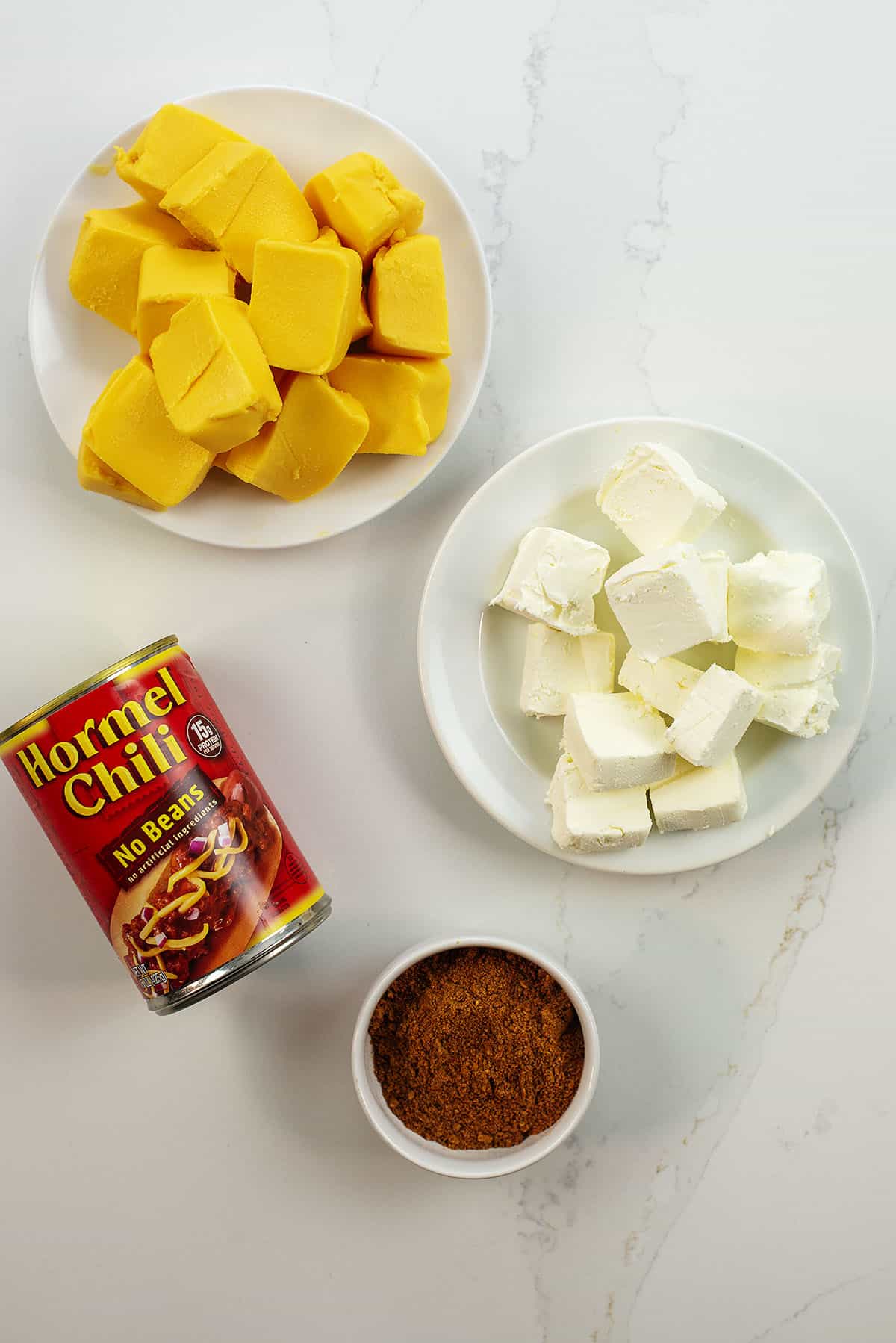 Ingredients for chili cheese dip.