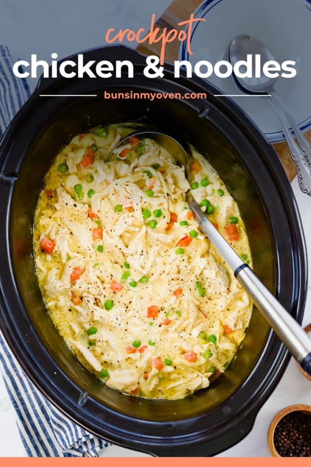 Crockpot full of creamy chicken and noodles.
