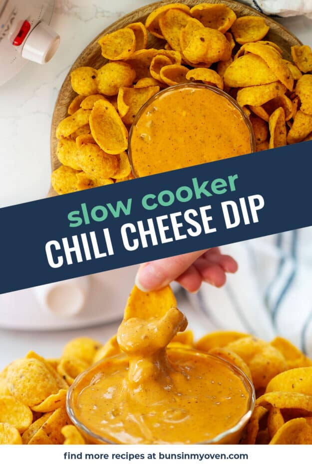 Collage of chili cheese dip images.