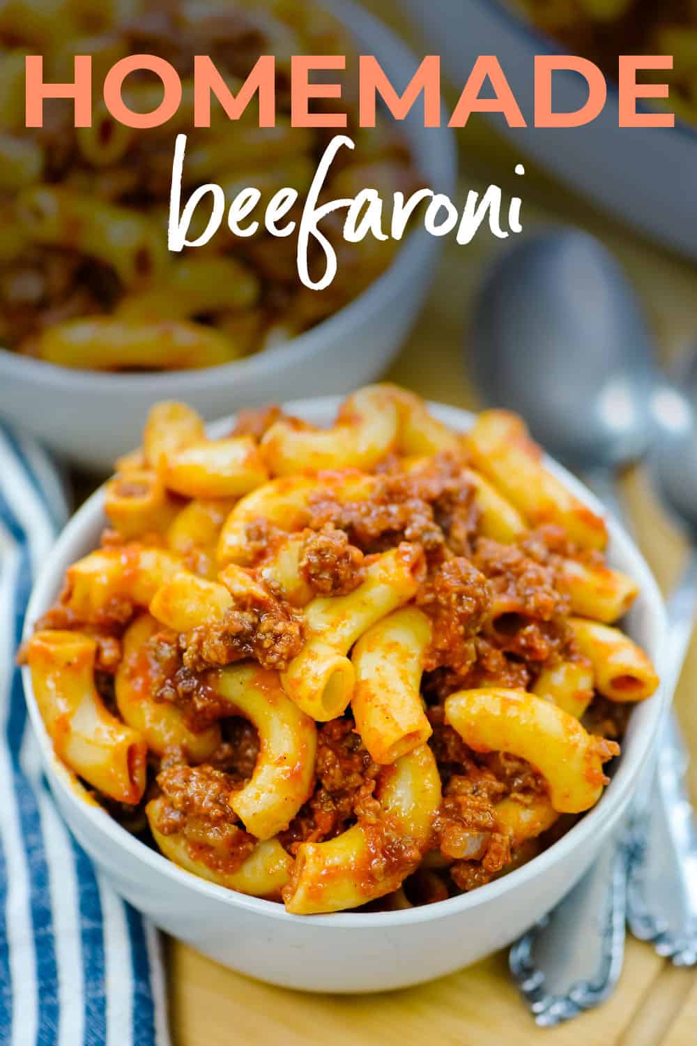 Homemade beefaroni recipe in white bowl.