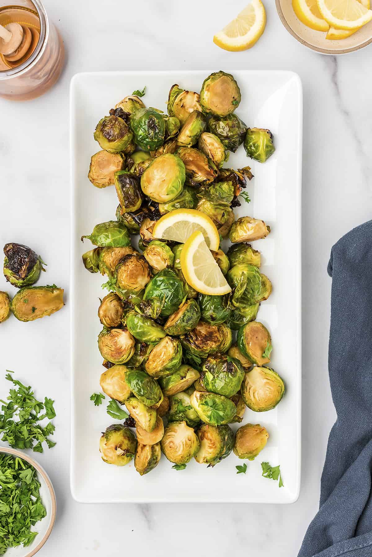 Brussels sprouts on serving platter.