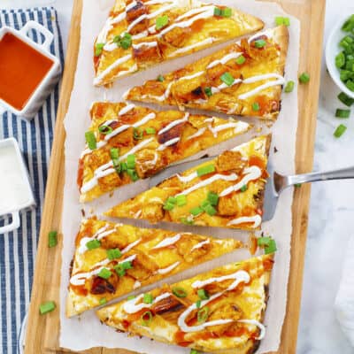 Overhead view of buffalo chicken flatbread.