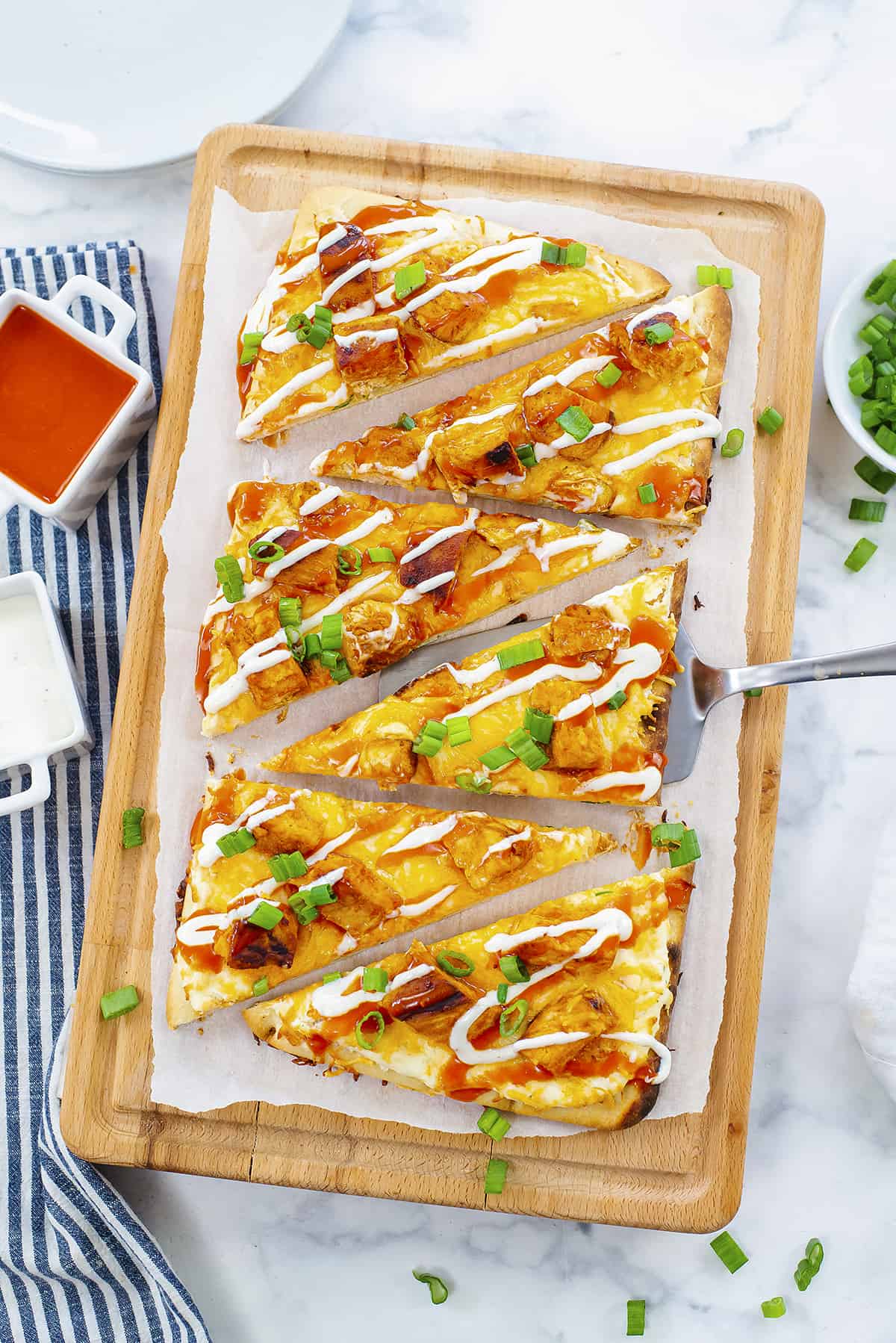 Overhead view of buffalo chicken flatbread.