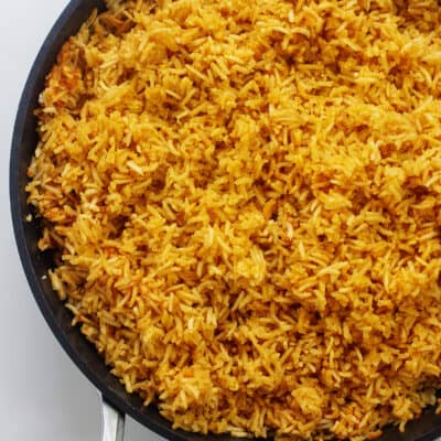Overhead view of Mexican rice in skillet.
