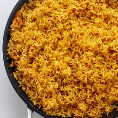 Overhead view of Mexican rice in skillet.