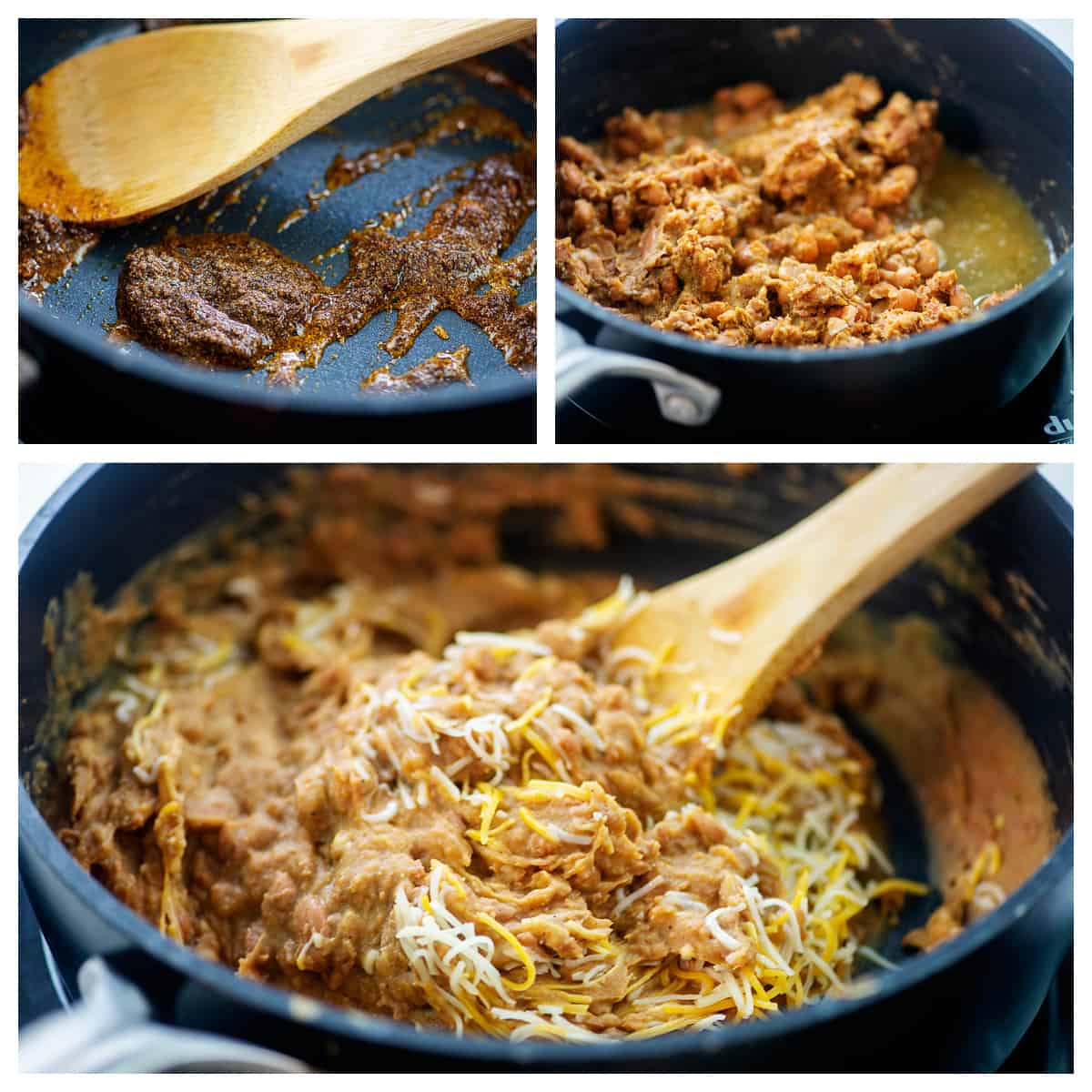 Collage showing how to make refried beans.
