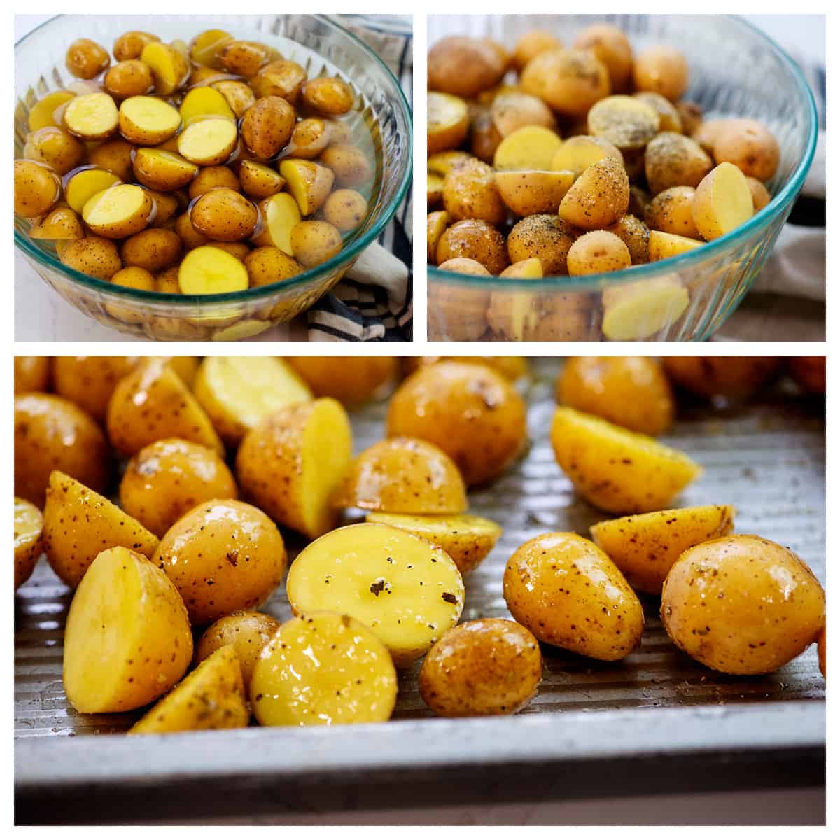 Collage showing how to make Greek roasted potatoes.