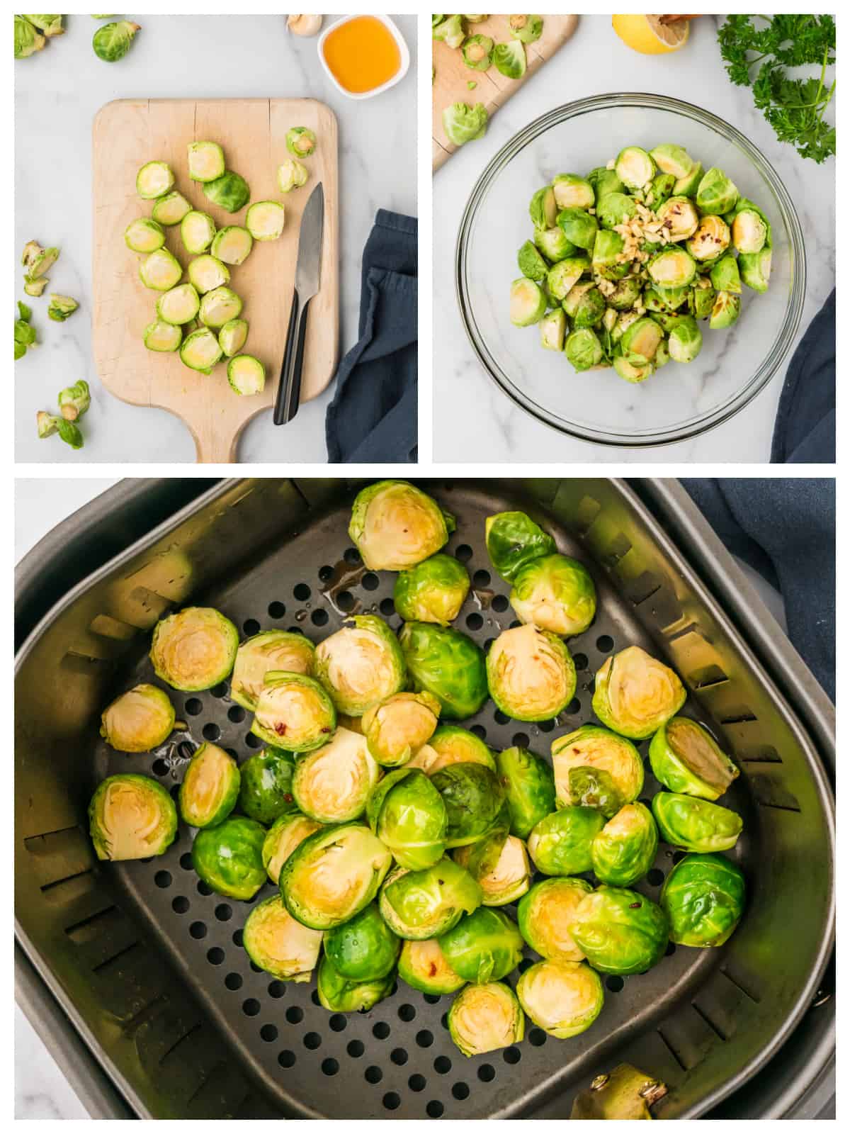 Collage showing how to make air fryer brussels sprouts.