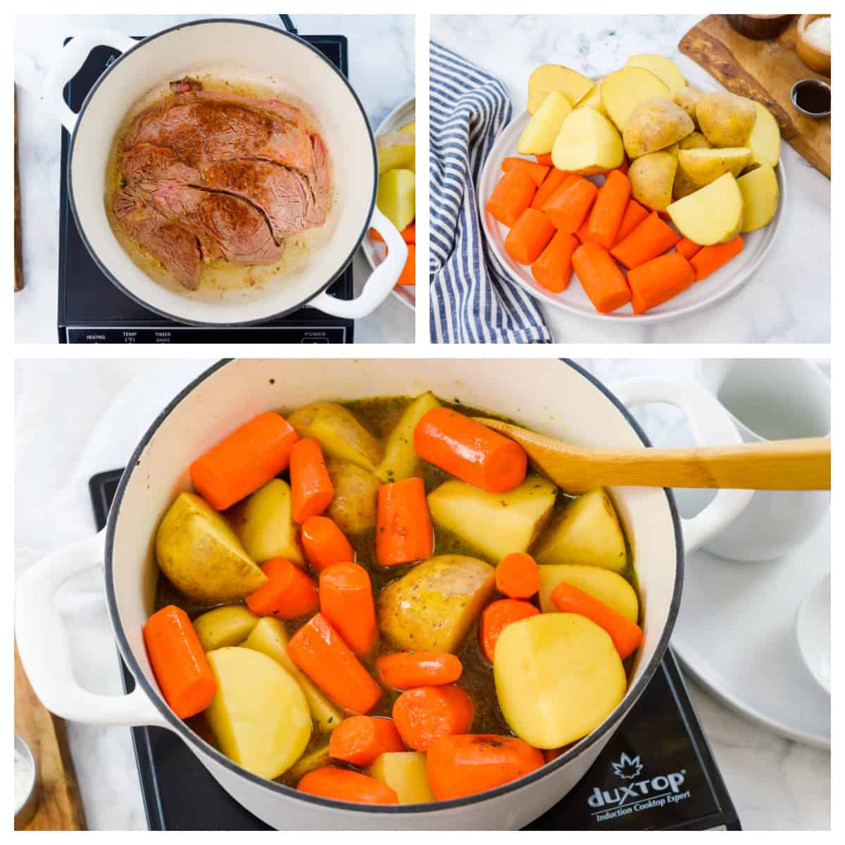 Collage showing how to make Mississippi pot roast in the oven.