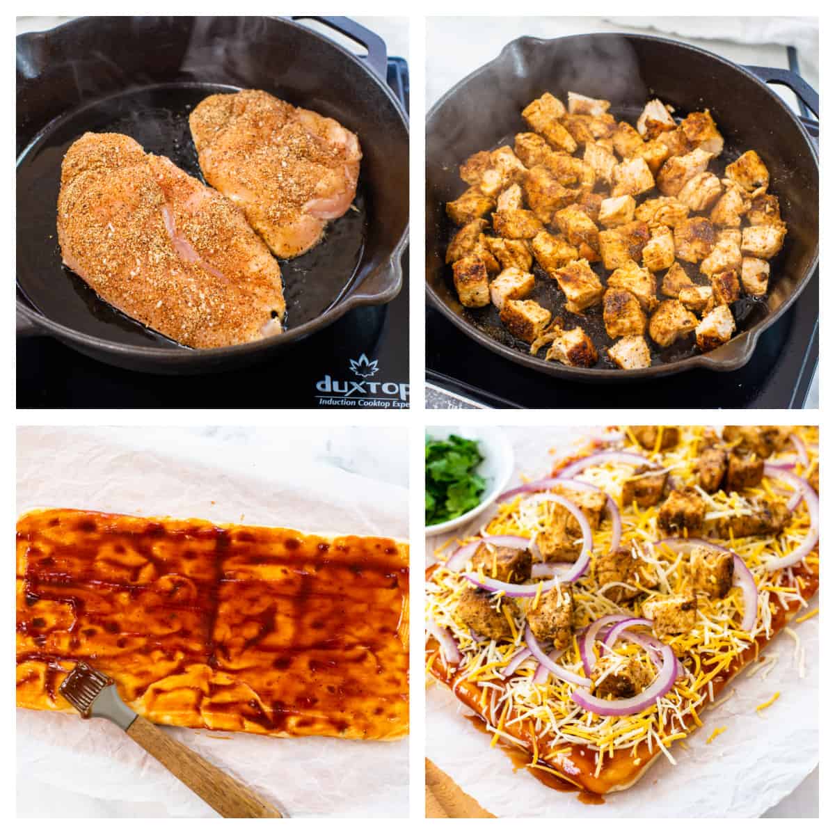 Collage showing how to make BBQ chicken flatbread.