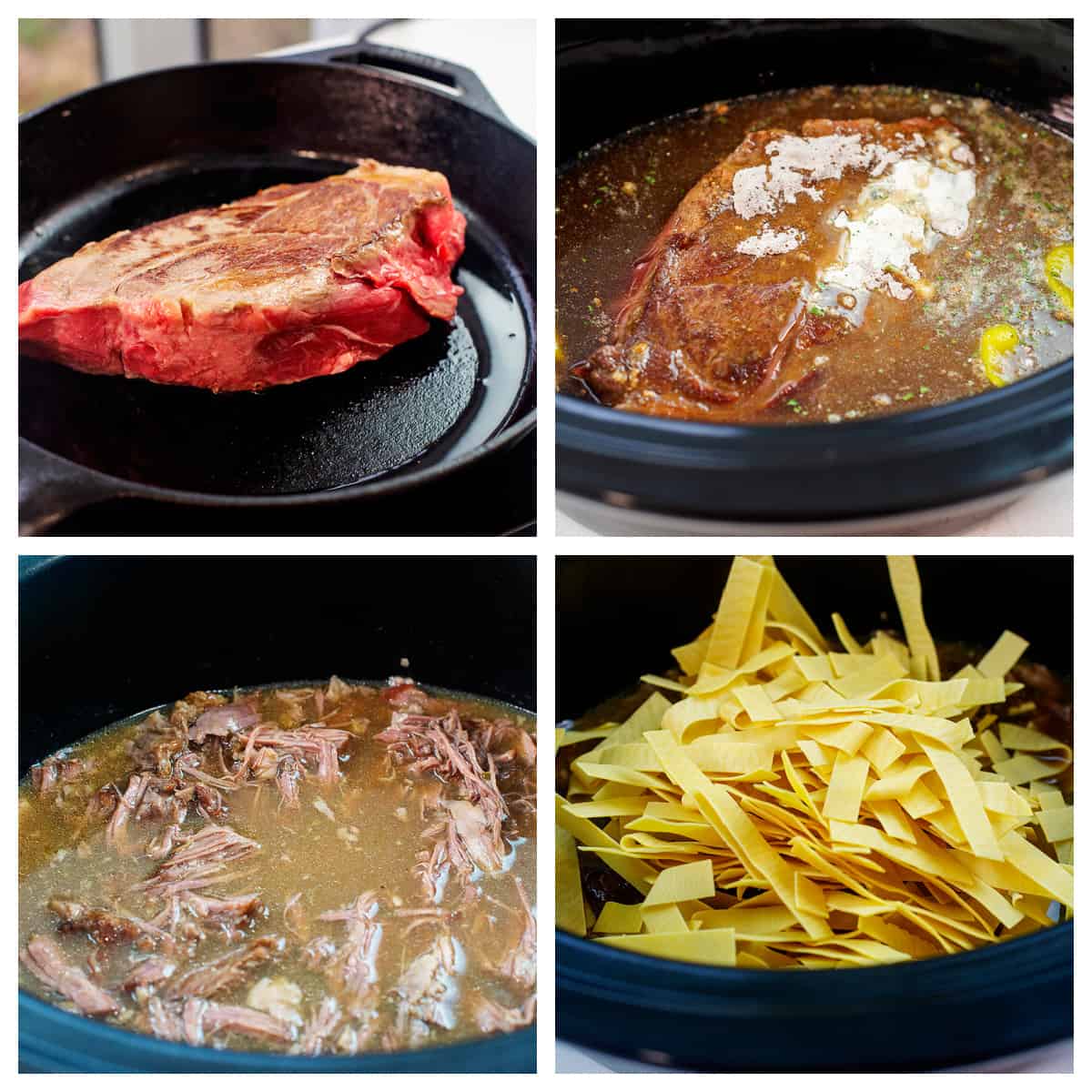 Collage showing how to make Mississippi beef and noodles in the crockpot.