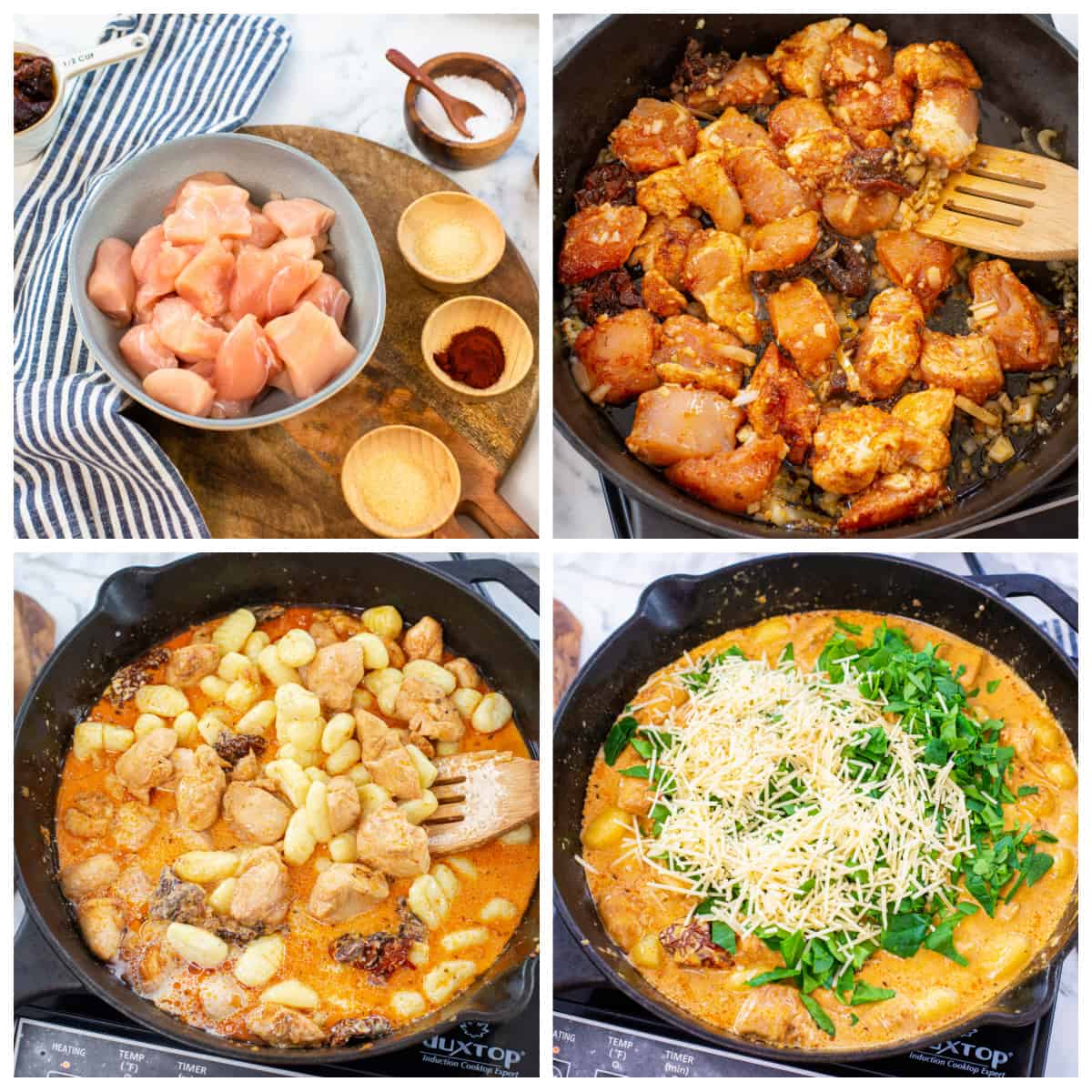 Collage showing how to make Tuscan chicken and gnocchi recipe.