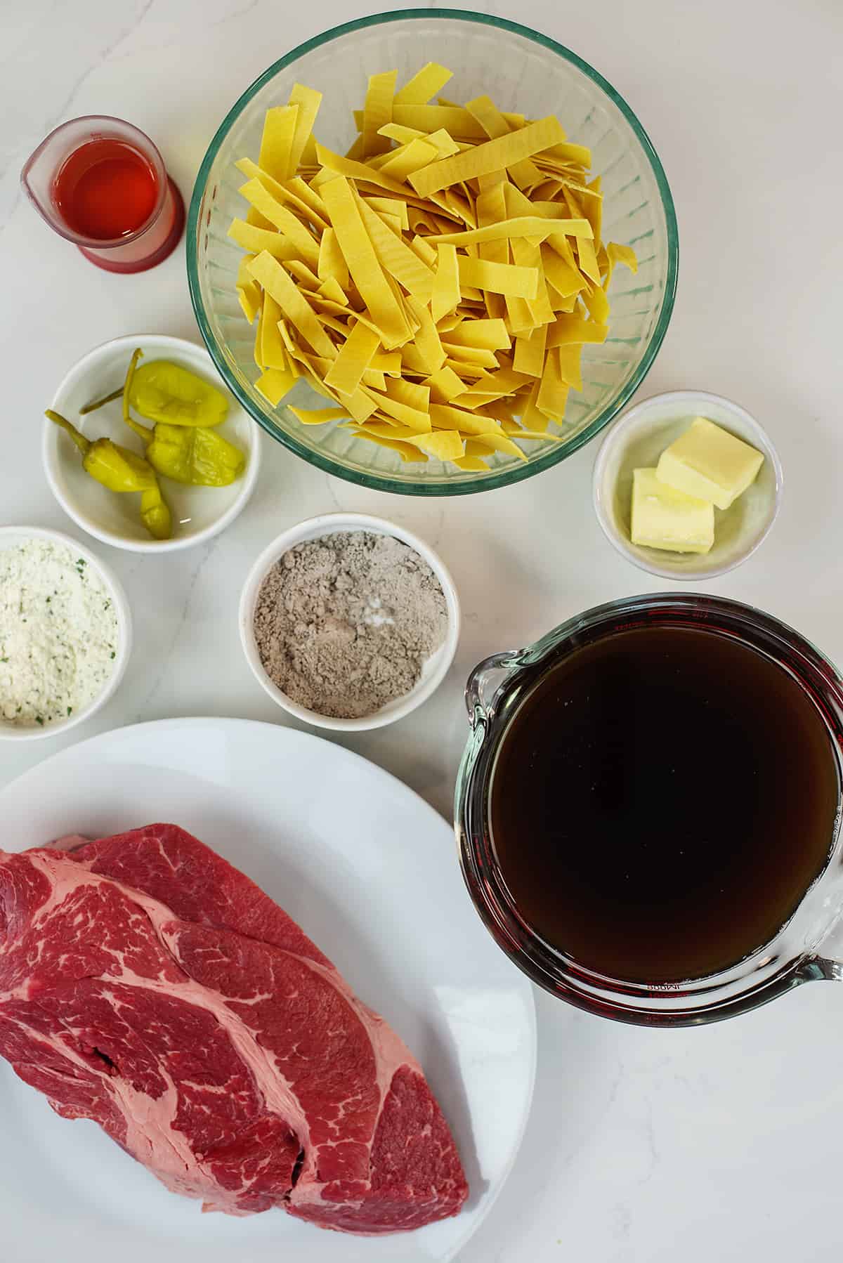 Ingredients for Mississippi beef and noodles.