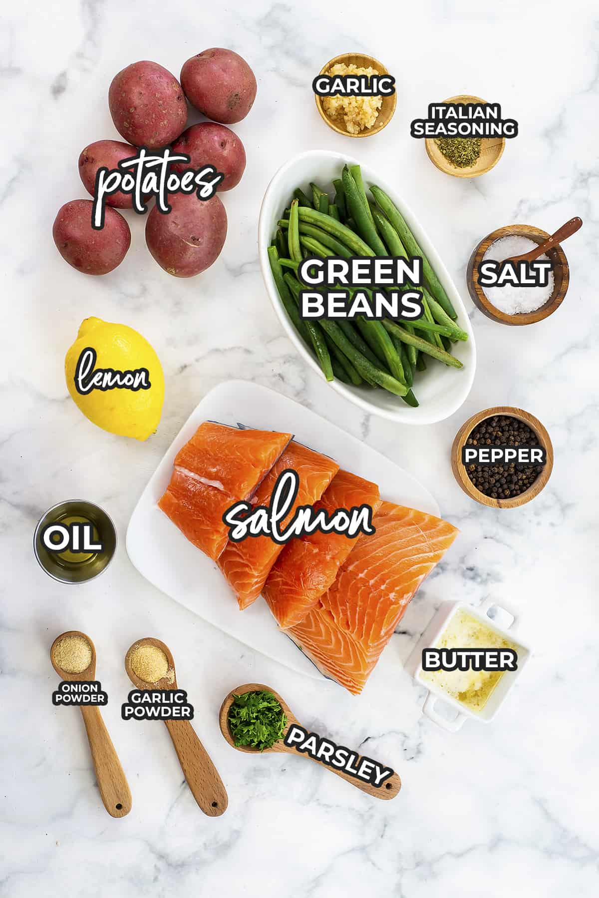 Ingredients for sheet pan salmon recipe.