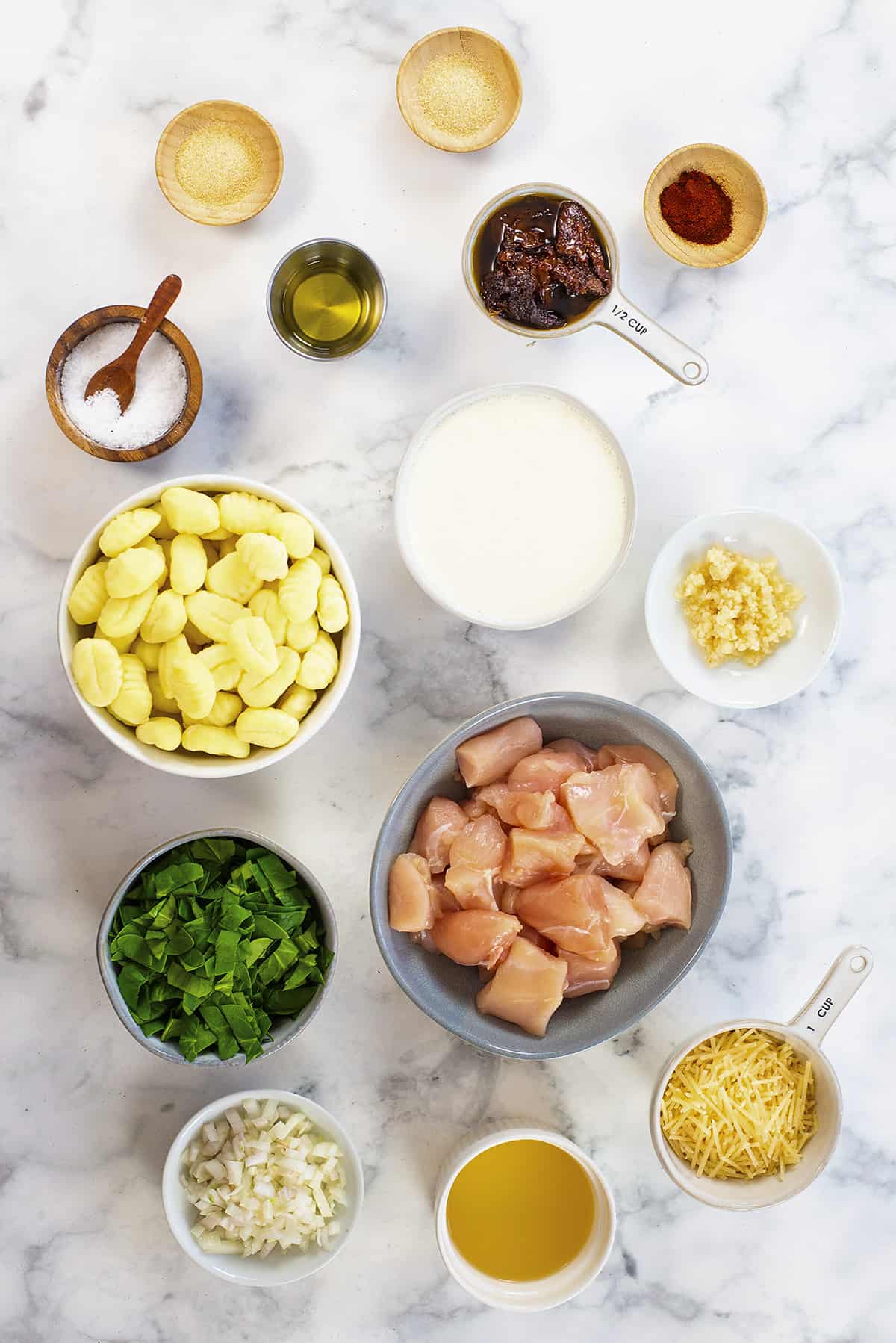 Ingredients for Tuscan chicken and gnocchi recipe.