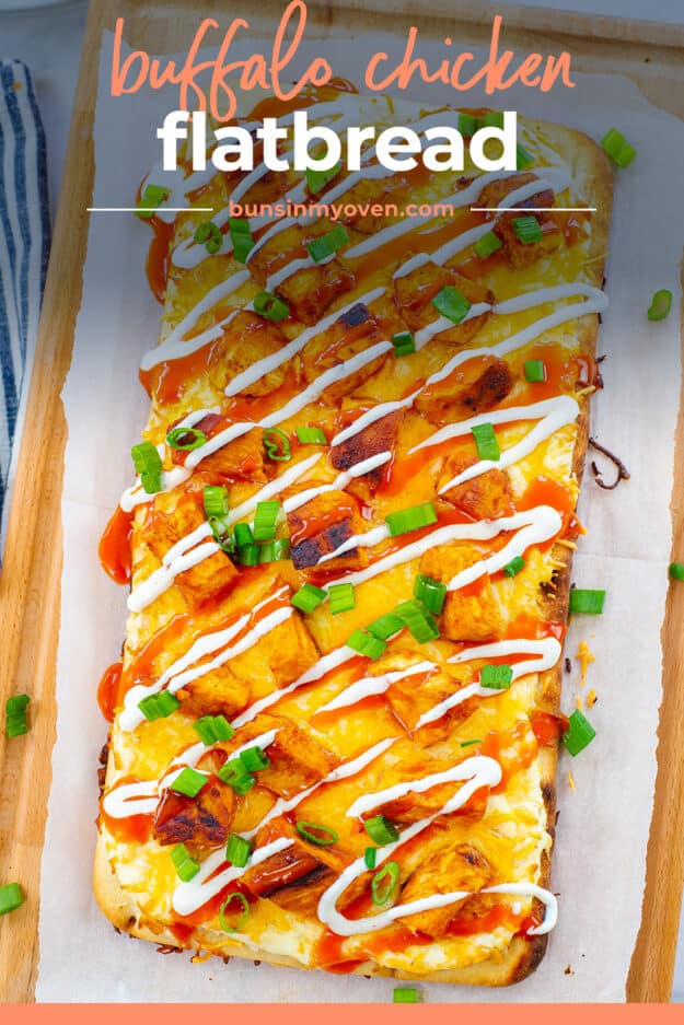 Flatbread drizzled with ranch and buffalo sauce.