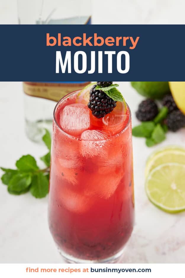Blackberry mojito in glass with text for Pinterest.