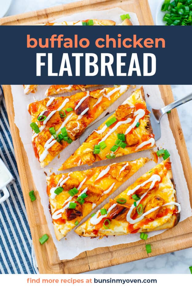 Flatbread on wooden cutting board.