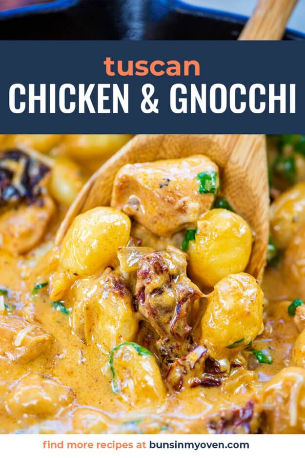 Chicken and gnocchi on wooden spoon.
