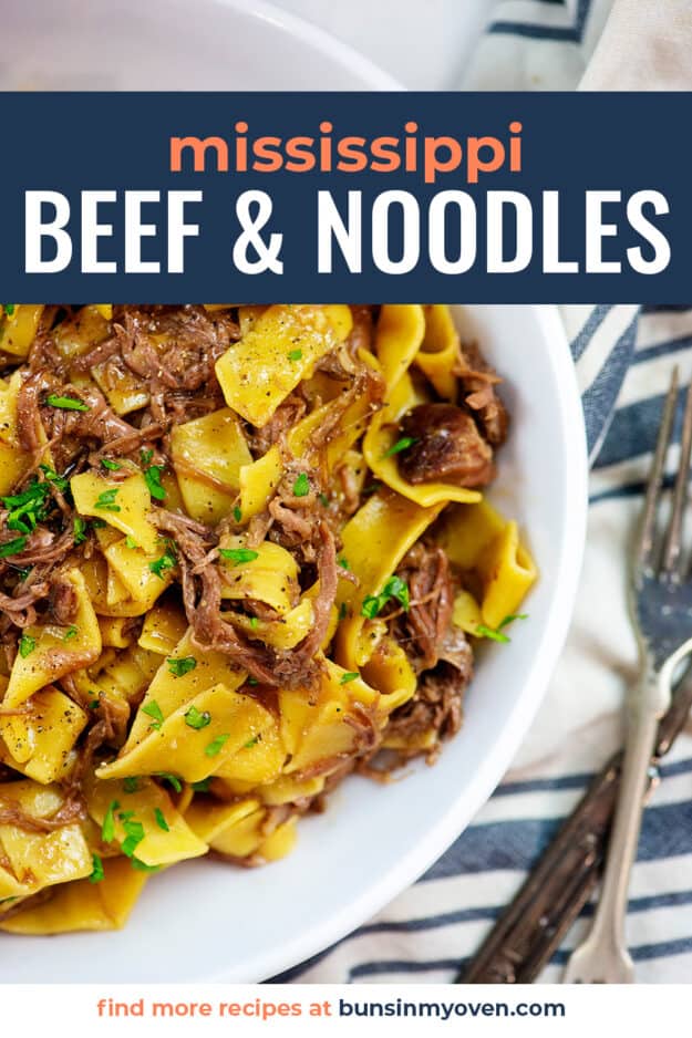 Overhead view of Mississippi beef and noodles in bowl.