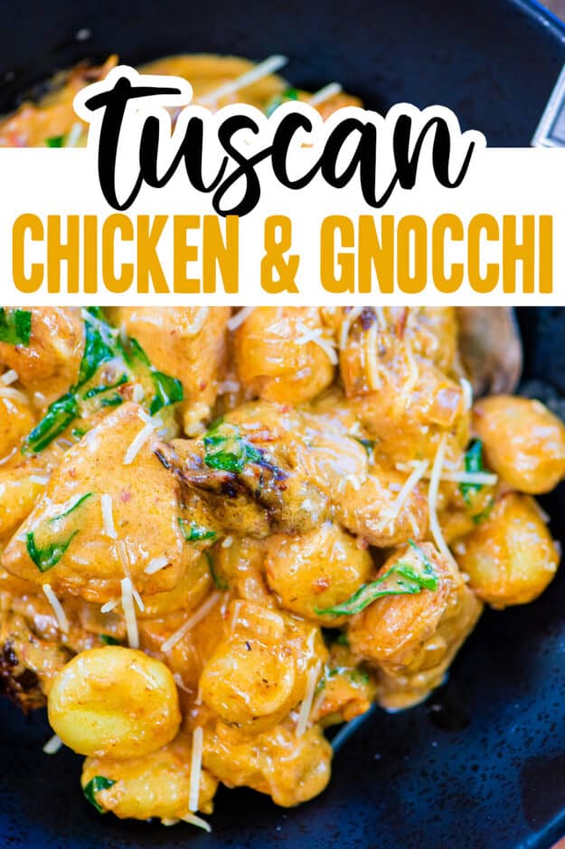 Close up of chicken and gnocchi.