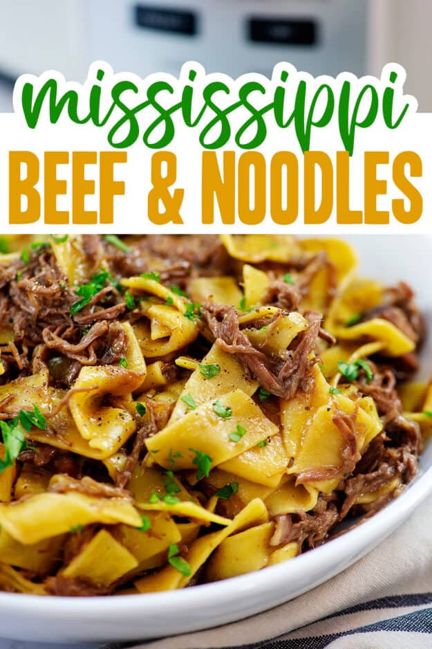 Crockpot beef and noodles in white bowl with text for Pinterest.