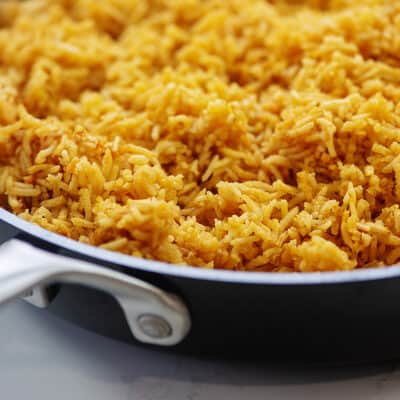 Pan full of homemade Mexican rice recipe.