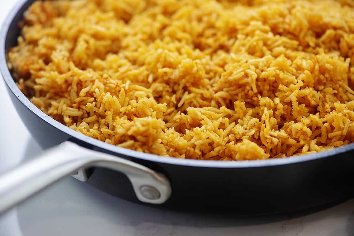 Pan full of homemade Mexican rice recipe.