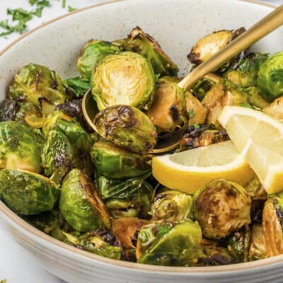 Bowl full of air fryer Brussels sprouts.
