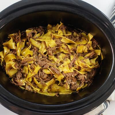 Beef and noodles in crockpot.