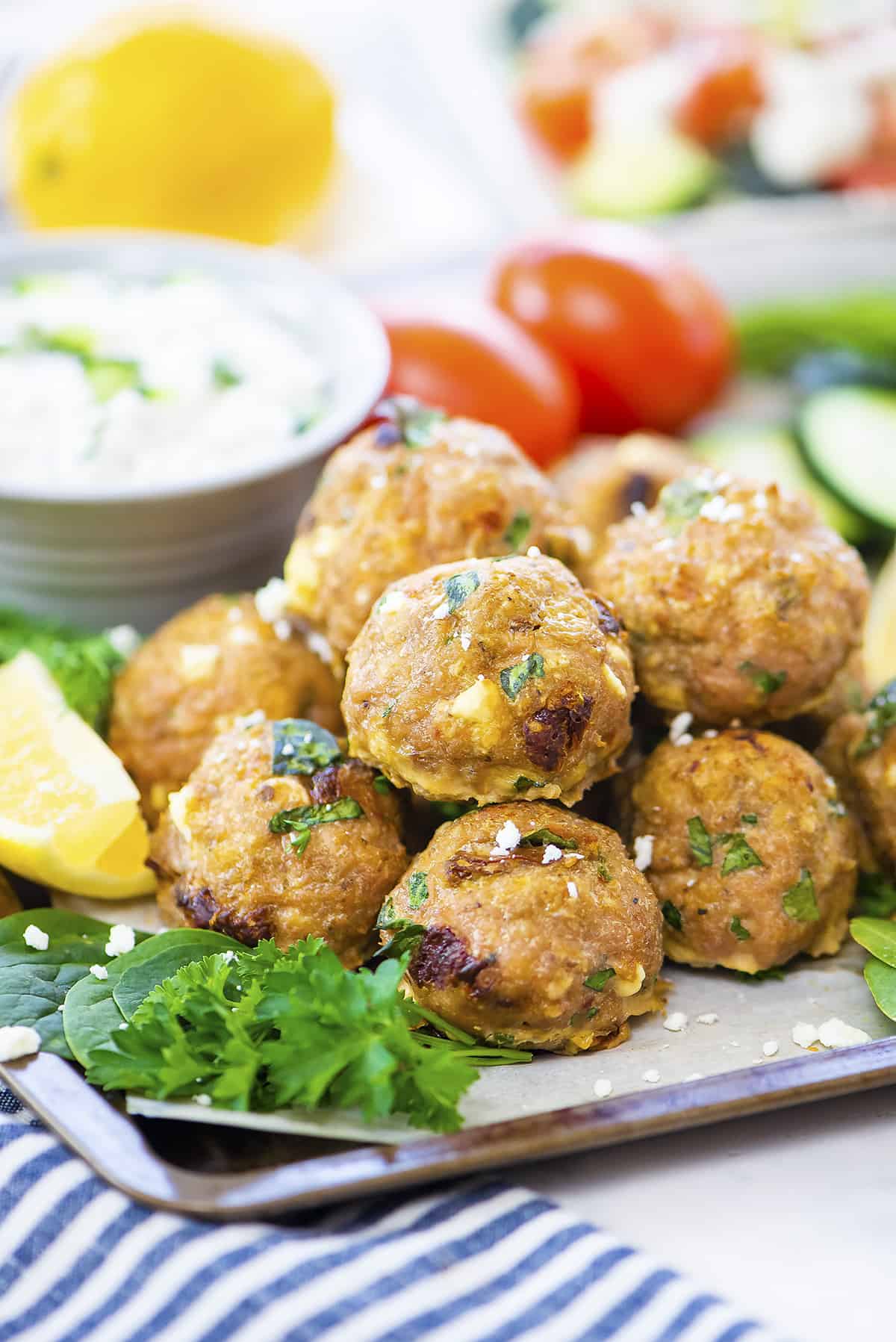 Greek turkey meatballs on sheet pan.