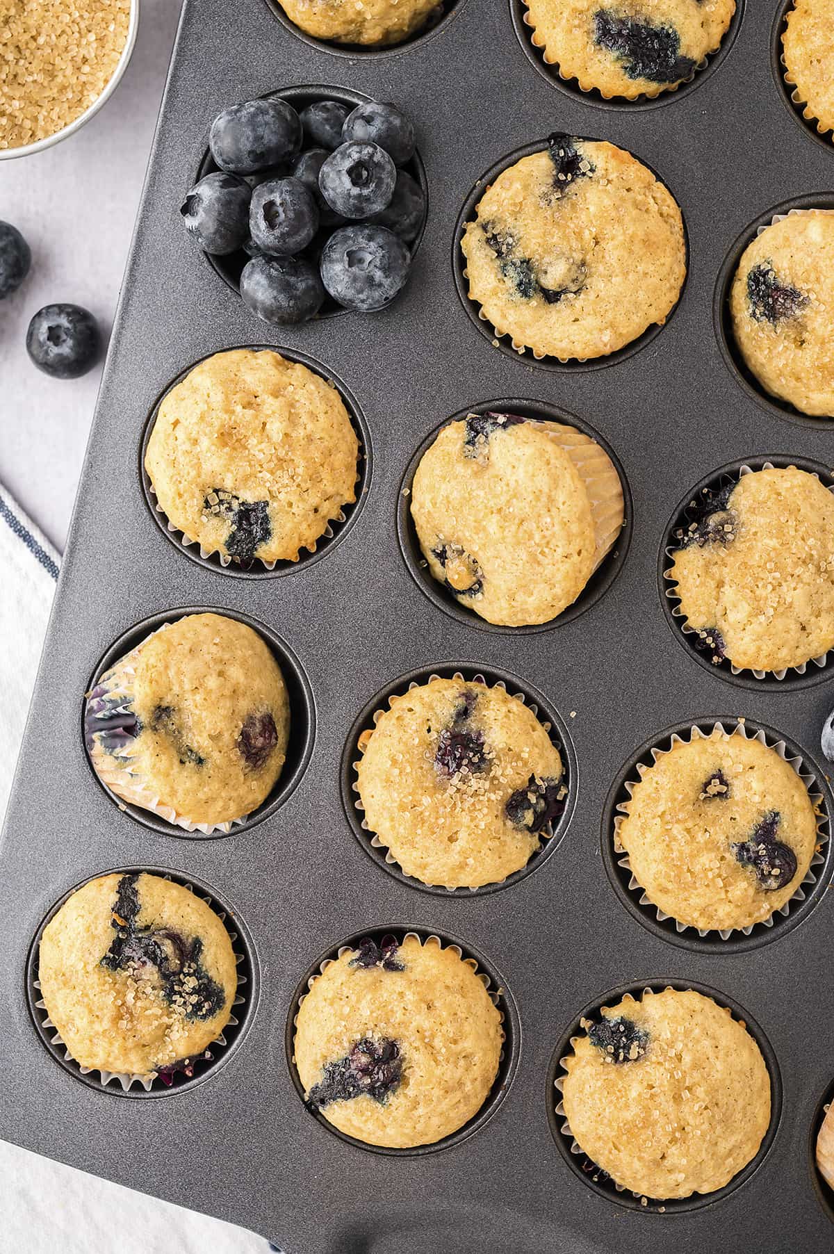 Overhead view of blueberry mini muffins in muffin tin.
