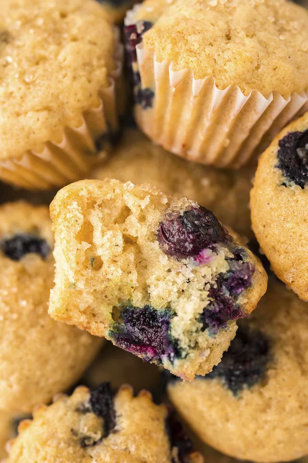 Pile of blueberry mini muffins.