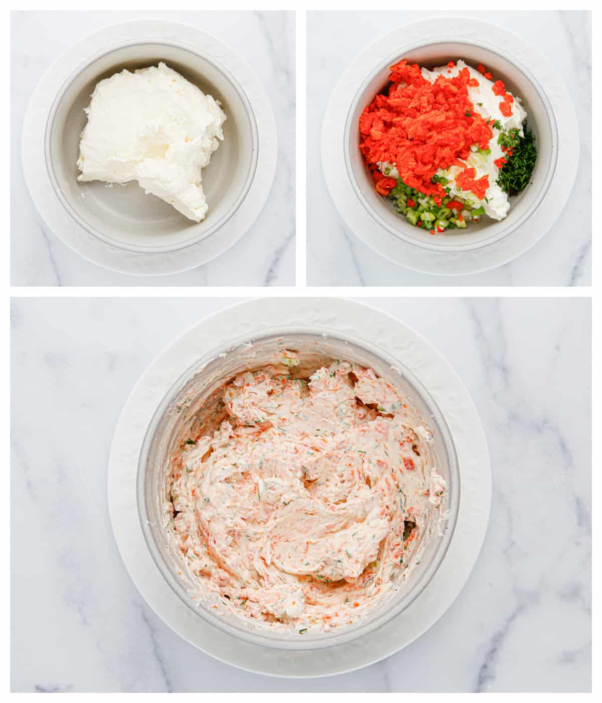 Collage showing how to make smoked salmon cream cheese spread.