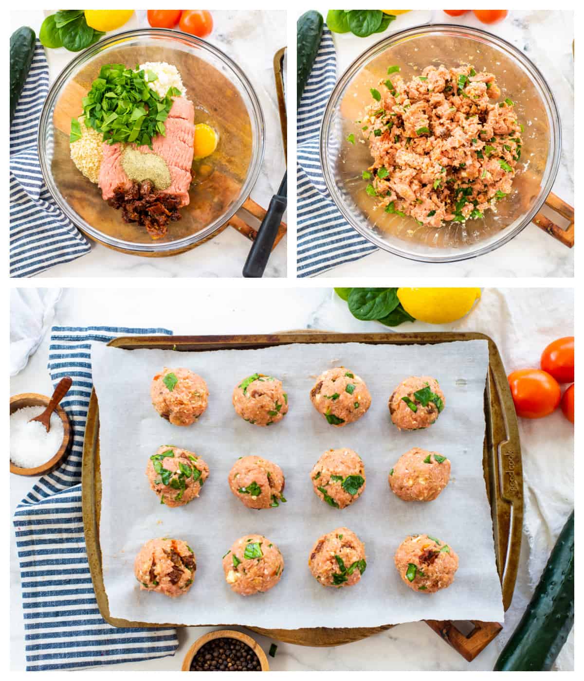 Collage of showing how to make turkey meatballs.