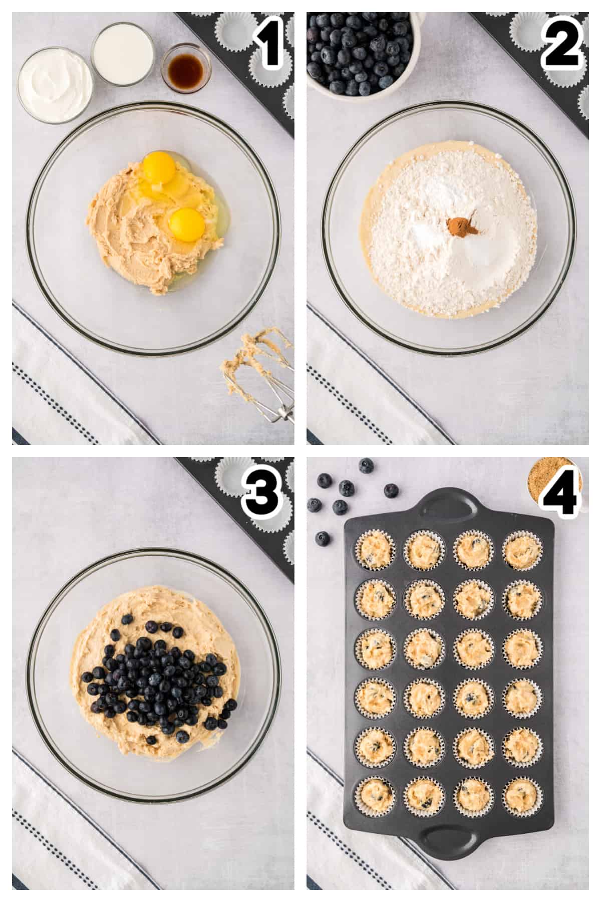Collage showing how to make mini blueberry muffins.