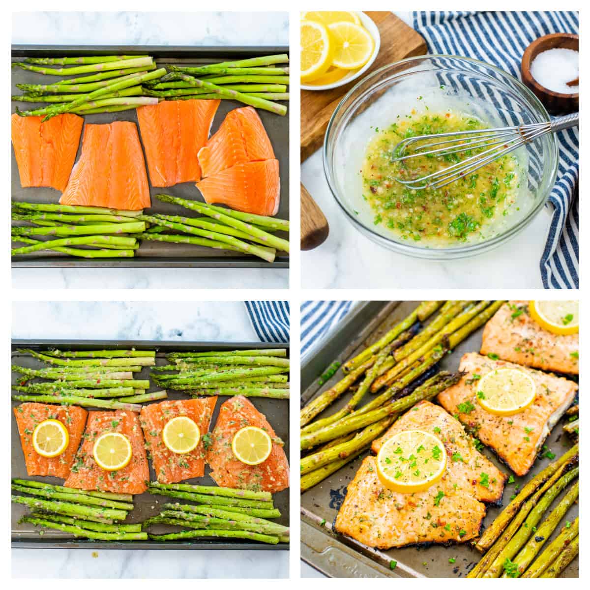 Collage showing how to make honey garlic salmon and asparagus.