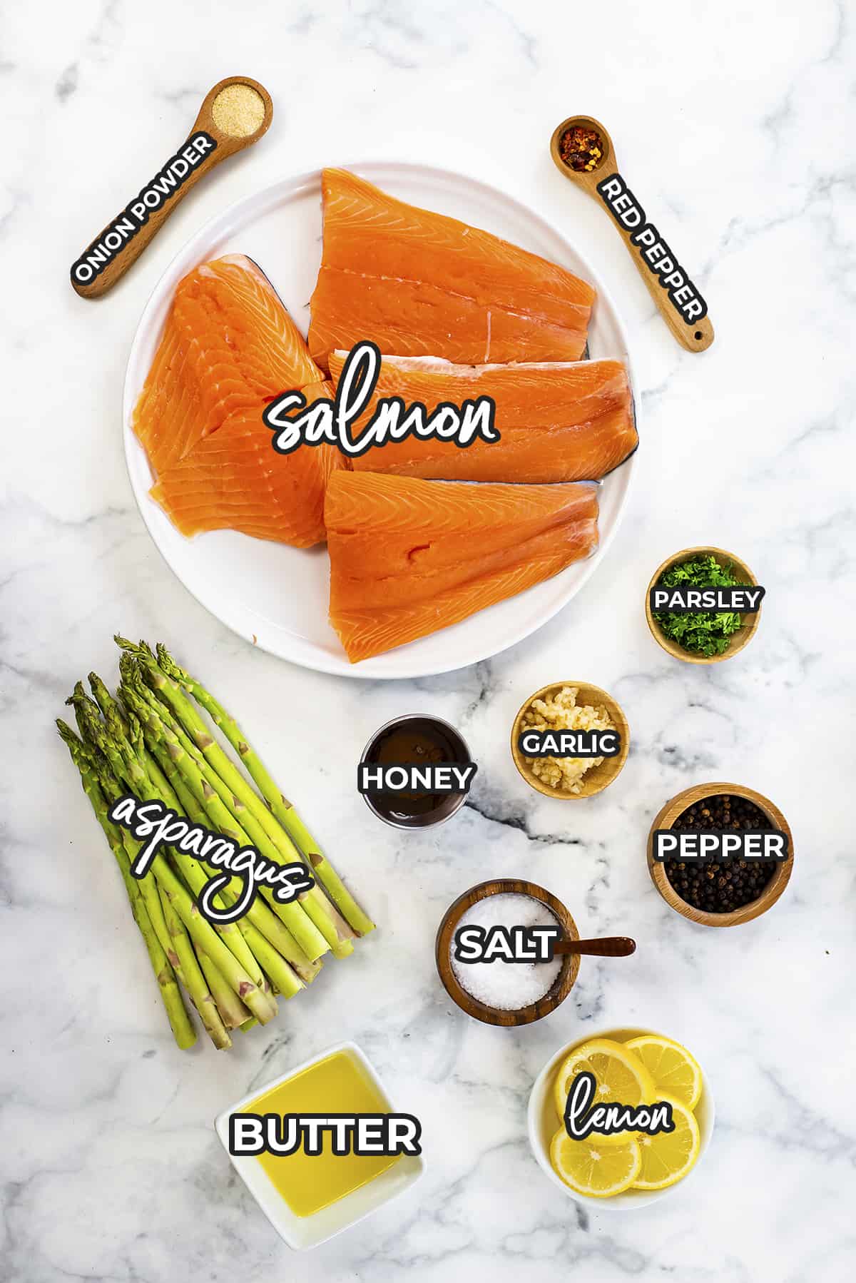 Ingredients for honey garlic salmon and asparagus.