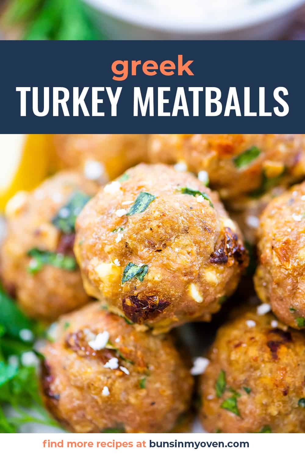 Close up of baked Greek turkey meatballs.