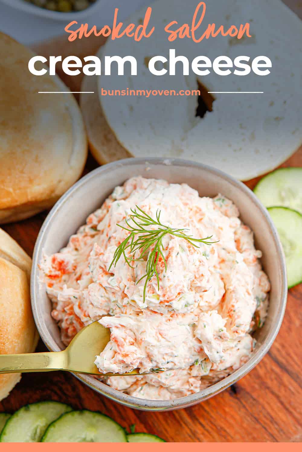 Smoked salmon cream cheese in bowl with knife.