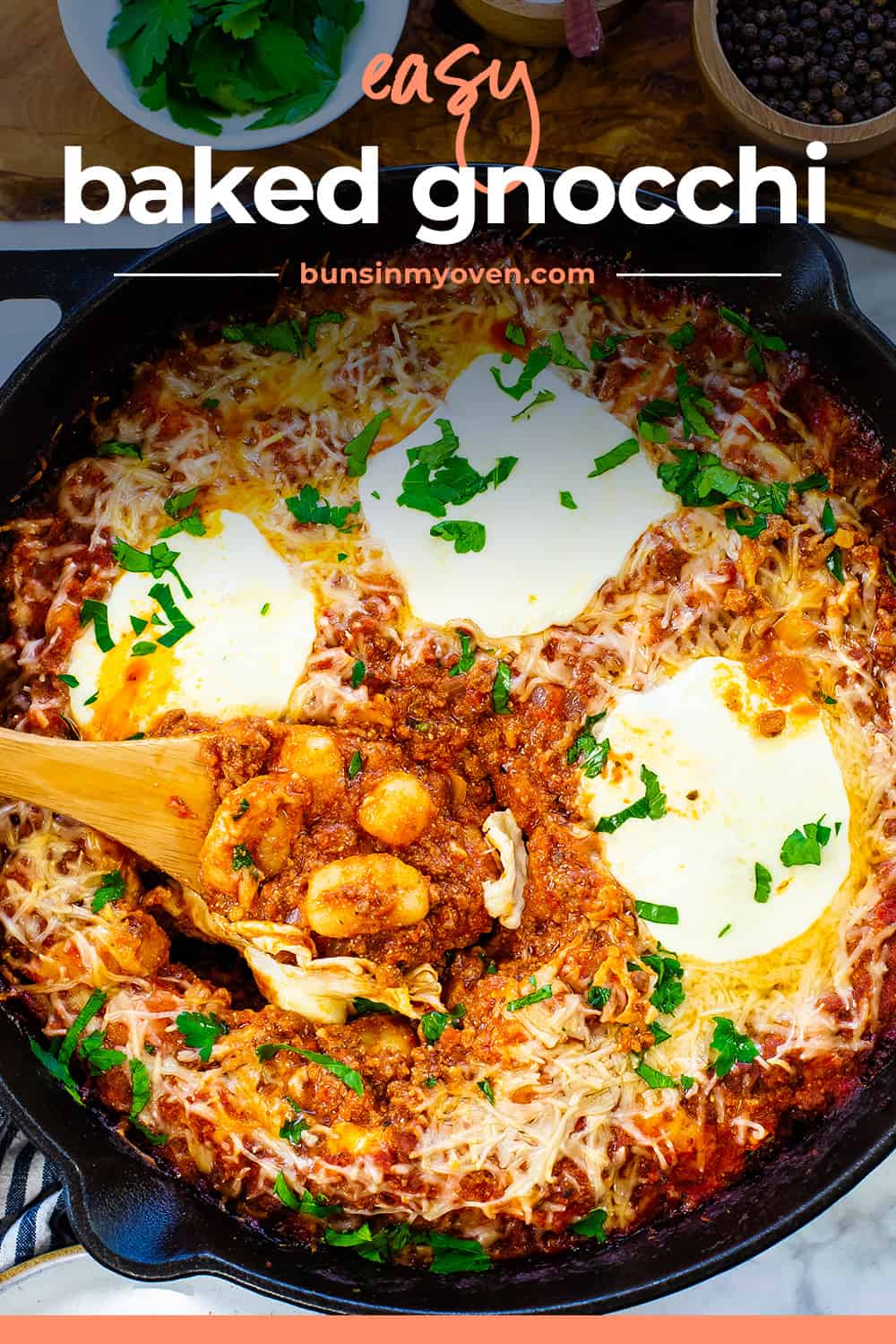 Easy baked gnocchi in cast iron skillet.