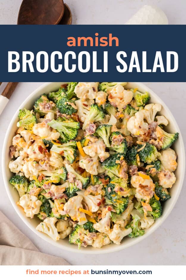 Amish broccoli salad recipe in white bowl.