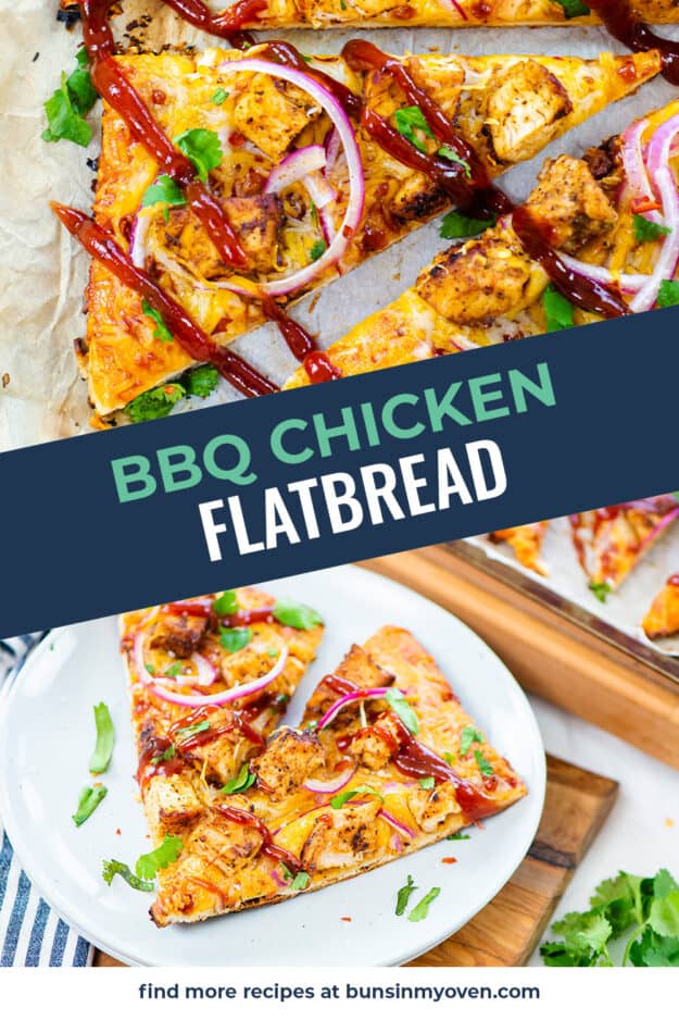 Collage of bbq chicken flatbread pizza images.