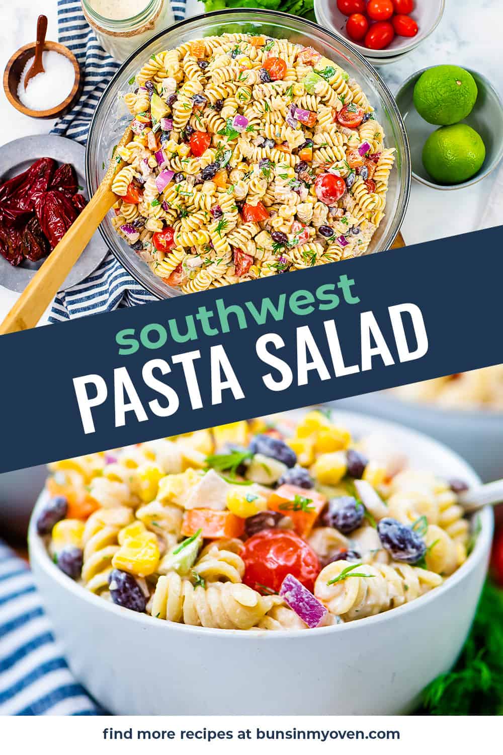 Collage of Southwest pasta salad recipe.