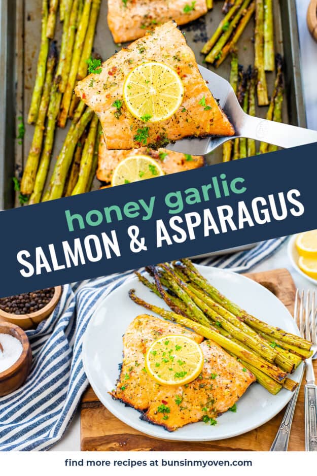 Collage of baked salmon and asparagus images.